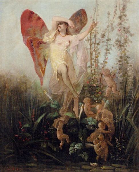 Madame Butterfly With Fairies Desporting Above A Lily Pond - view 1