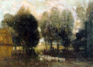 Shepherd And Flock At A Farm Gate