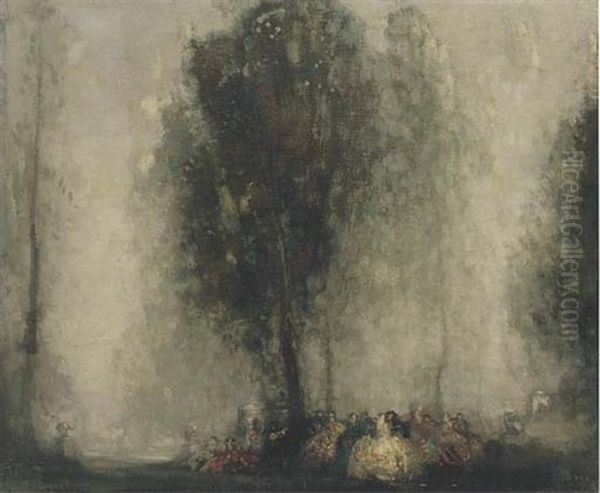 Elegant Figures In A Garden At Dusk - view 1