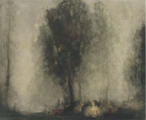 Elegant Figures In A Garden At Dusk