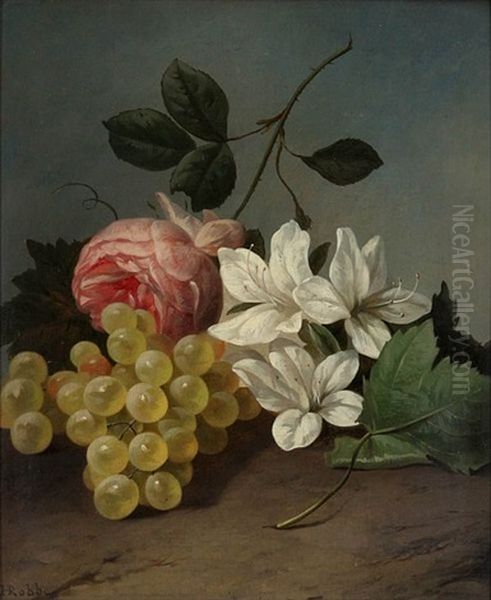 Still Life With Grapes, Rose And White Flowers by Henri Robbe