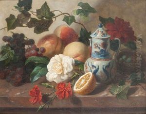 Nature Morte Aux Fruits, Fleurs Et Porcelaine De Chine Sur Entablement