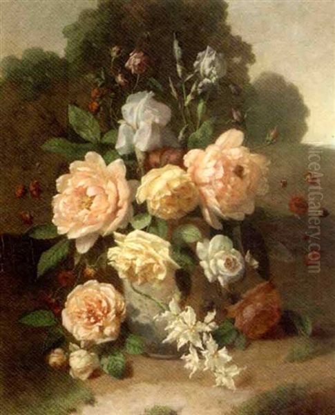 Roses, Irises, Orchids And Other Flowers In A Vase - view 1