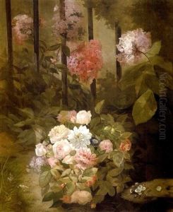 Coin De Jardin Avec Bouquet De Roses Et Hortensias by Henri Robbe