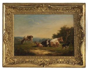 Cattle And Sheep In The Pasture by Louis Marie Dominique Romain Robbe