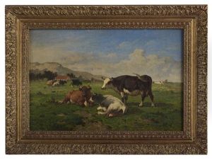Cattle In A Valley Pasture by Louis Marie Dominique Romain Robbe