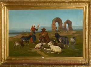 Couple De Bergers Italiens Et Leur Troupeau Dans Des Ruines En Bord De Mer by Louis Marie Dominique Romain Robbe