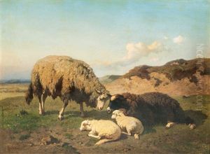 Zwei Schafe Mit Lammern by Louis Marie Dominique Romain Robbe