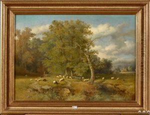 Berger Et Son Troupeau Au Bord Du Ruisseau by Louis Marie Dominique Romain Robbe