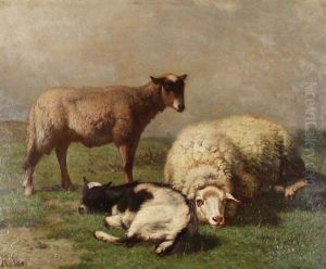 Sheep And Goat In A Landscape by Louis Marie Dominique Romain Robbe