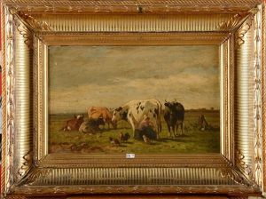 Fermiere Et Ses Vaches Au Pre by Louis Marie Dominique Romain Robbe