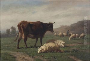 Schafherde Und Kuh In Landschaft by Louis Marie Dominique Romain Robbe