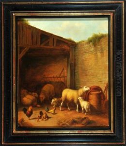 Schafe Und Huhner Im Stall by Louis Marie Dominique Romain Robbe