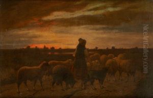 La Rentree Du Troupeau Au Crepuscule by Louis Marie Dominique Romain Robbe