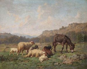 Ane, Moutons Et Boucs Devant Un Paysage Accidente