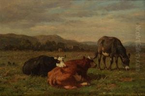 Vaches Au Pre - Brebis A L'etable (2 Works) by Louis Marie Dominique Romain Robbe