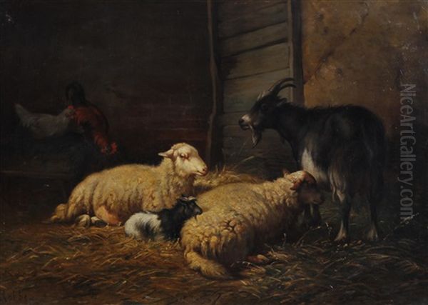 Sheep, Goats And Chickens In A Barn - view 1