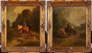 Fermier Et Son Troupeau (pair) by Louis Marie Dominique Romain Robbe
