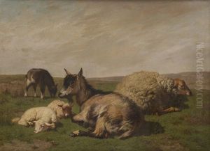 Bouc Et Moutons Sur Fond De Paysage by Louis Marie Dominique Romain Robbe