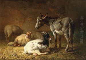 Stallinterieur Mit Esel, Ziege Und Schafen by Louis Marie Dominique Romain Robbe