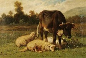 Vache Et Trois Moutons En Paturage by Louis Marie Dominique Romain Robbe