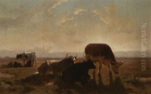 La Traite Des Vaches Au Coucher De Soleil by Louis Marie Dominique Romain Robbe