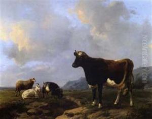 Vache Et Chevres Dans Un Paysage by Louis Marie Dominique Romain Robbe