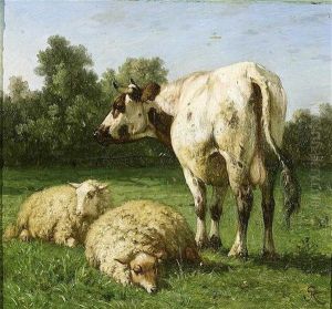 Vache Et Moutons Au Paturage by Louis Marie Dominique Romain Robbe