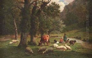 An Einem Bachlauf Huten Hirten Tiere