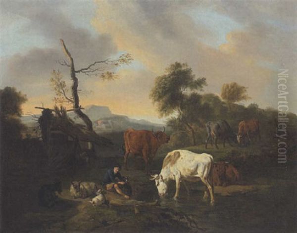 Huterbub Mit Hund, Kuhen, Schafen Und Ziege Am Der Tranke - view 1
