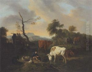 Huterbub Mit Hund, Kuhen, Schafen Und Ziege Am Der Tranke by Louis Marie Dominique Romain Robbe