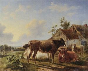 Cattle In A Meadow By A Farm by Louis Marie Dominique Romain Robbe