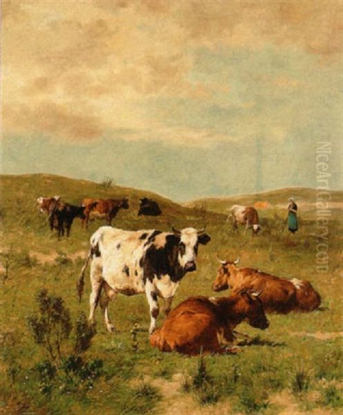 Cows And A Woman In A Hilly Landscape - view 1
