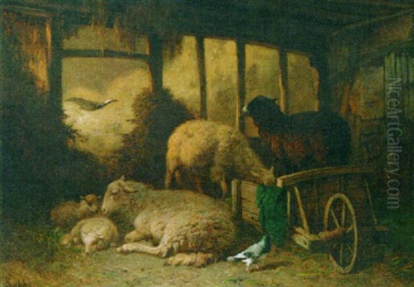 A Stable Interior With Sheep And Pigeons - view 1