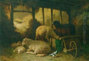 A Stable Interior With Sheep And Pigeons by Louis Marie Dominique Romain Robbe