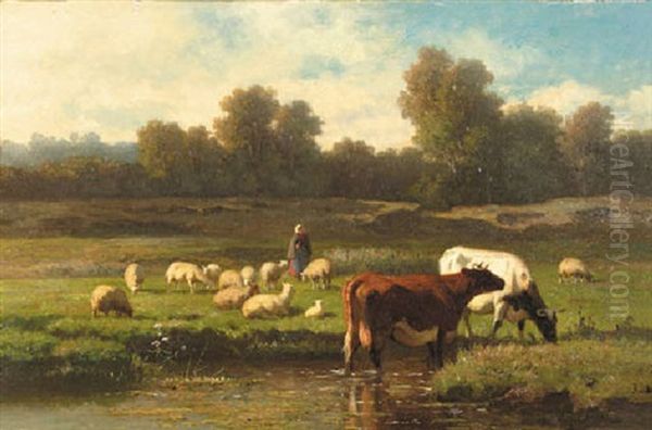 A Herdess And Flock And Cows On A Riverbank - view 1