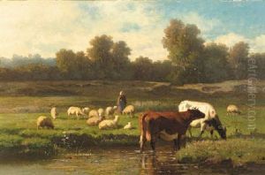 A Herdess And Flock And Cows On A Riverbank A Herdess And Flock And Cows On A Riverbank