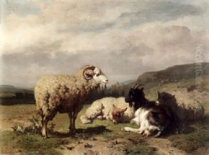 Drei Schafe Und Eine Ziege Auf Einer Anhohe by Louis Marie Dominique Romain Robbe
