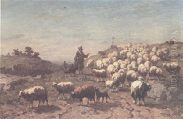 A Hilltop View With A Shepherd And His Flock And Goats And A Shrine In The Distance - view 1