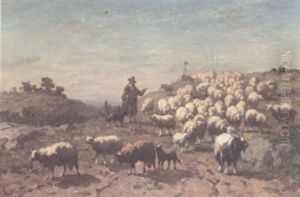 A Hilltop View With A Shepherd And His Flock And Goats And A Shrine In The Distance