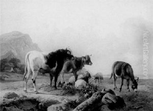 Cows, Sheep And A Donkey In A Meadow by Louis Marie Dominique Romain Robbe