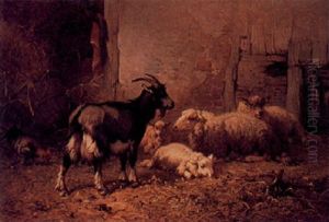 A Goat And Sheep In A Stable by Louis Marie Dominique Romain Robbe
