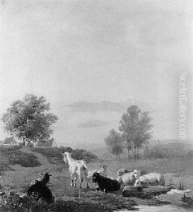 Sheep And Goats In A Meadow by Louis Marie Dominique Romain Robbe