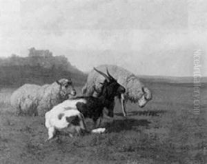 A Goat And Sheep In A Pasture, A Ruined Castle On A Hill Top Beyond