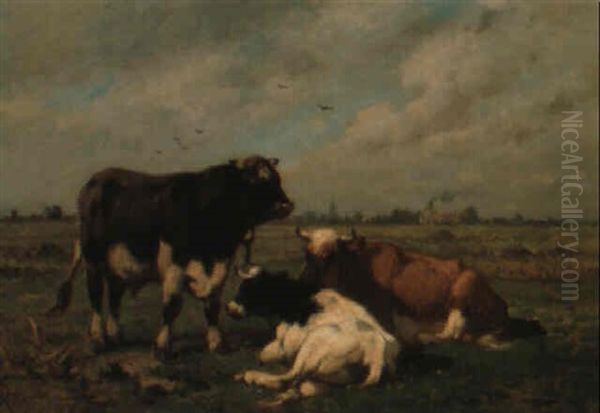 Vaches Et Taureau Dans Un Paysage - view 1
