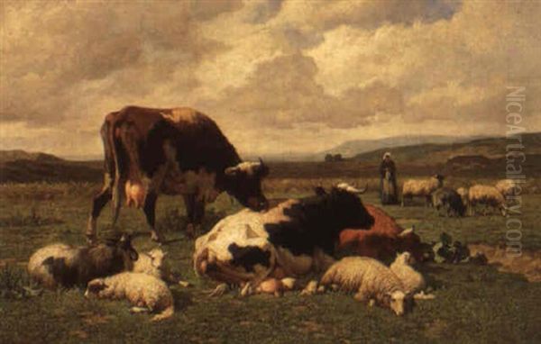 An Extensive Summer Landscape With Cows, Sheep And Goats - view 1