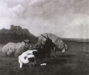 Schafe Und Ziege In Einer Wiesenlandschaft by Louis Marie Dominique Romain Robbe