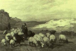 Bergeres Et Troupeau by Louis Marie Dominique Romain Robbe