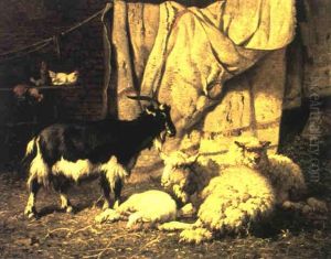 Moutons Et Chevre Dans Un Etable by Louis Marie Dominique Romain Robbe
