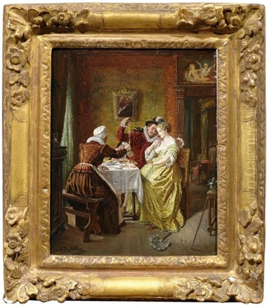 Saloninterieur Mit Einem Kavalier, Der Einer Jugen Frau Eine Kette Prasentiert, Wahrend Eine Altere Dame Wein Einschenkt - view 1